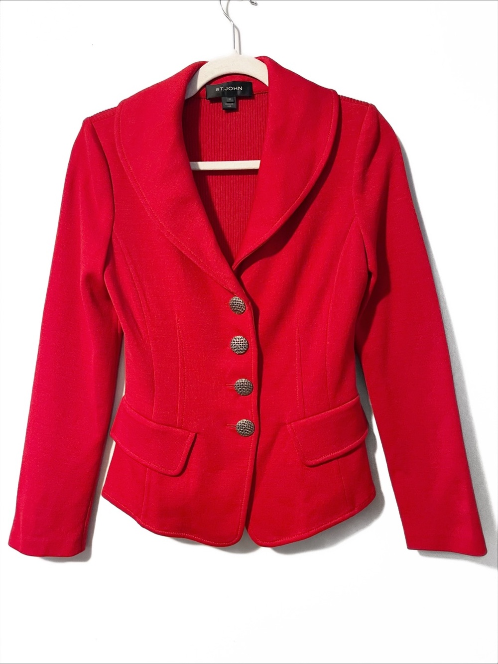 ST. JOHN | Red Knit Shawl Lapel Fitted Blazer Jacket